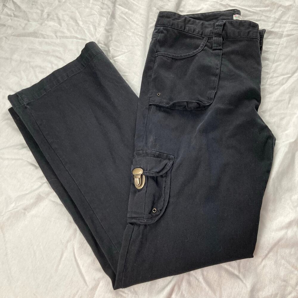 Y2K Route Women 7/8 Black Cargo Midrise Pants Skater Punk Streetwear Utility